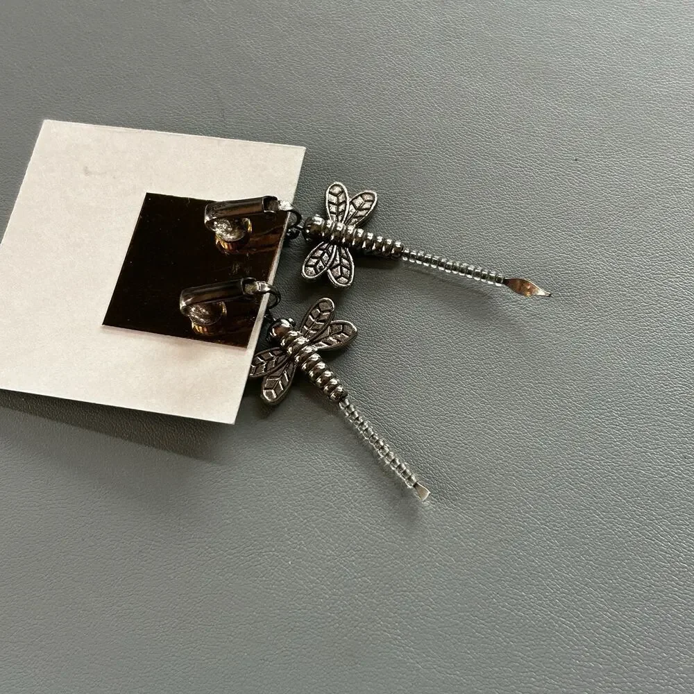 Silver Dragonfly-Shaped Dangle Earrings, Butterfly Closure, for Pierced Lobes